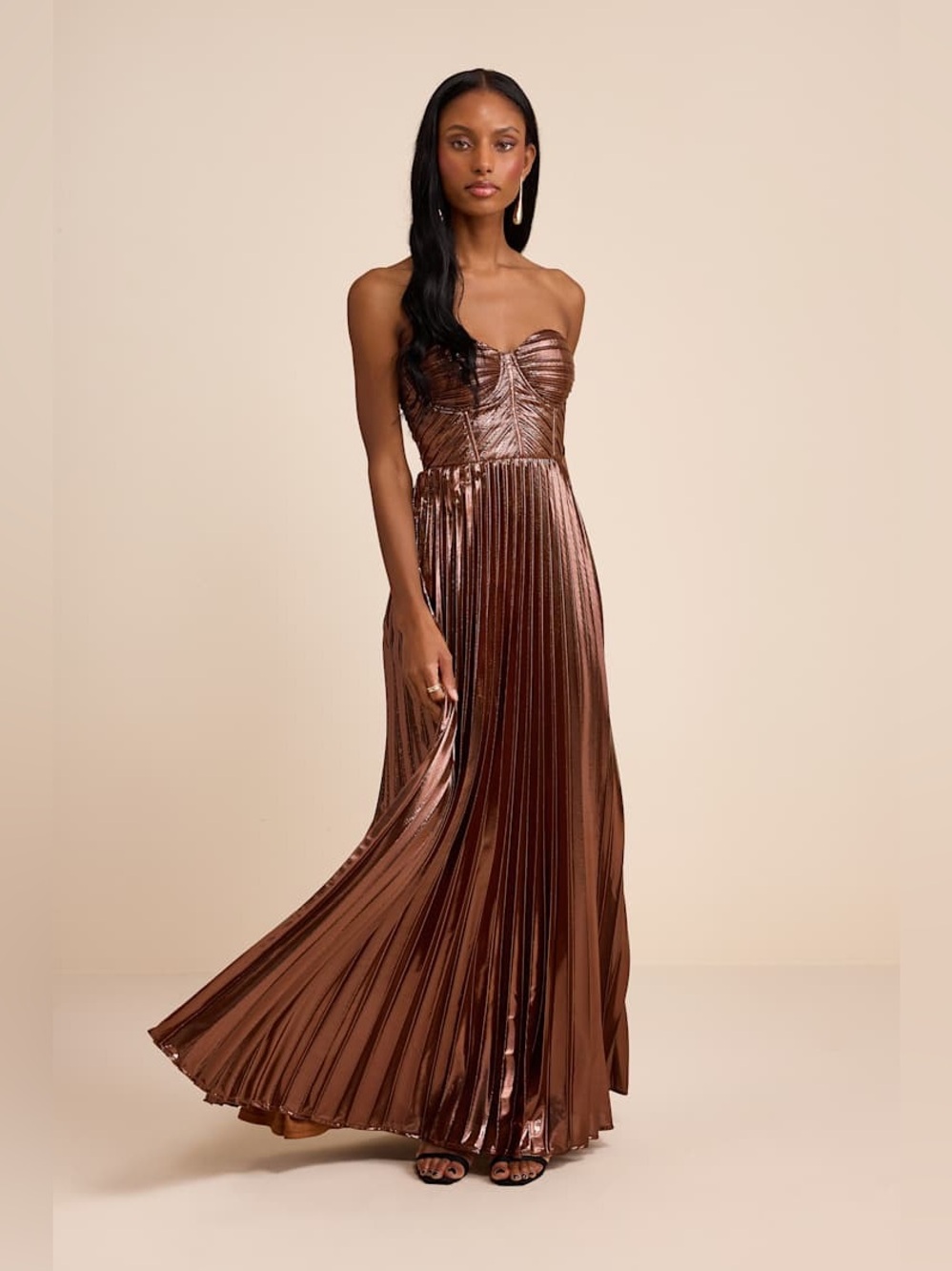 NWT Lulus Shoshone Brown Pleated Lurex Strapless Bustier Maxi Dress Size Large